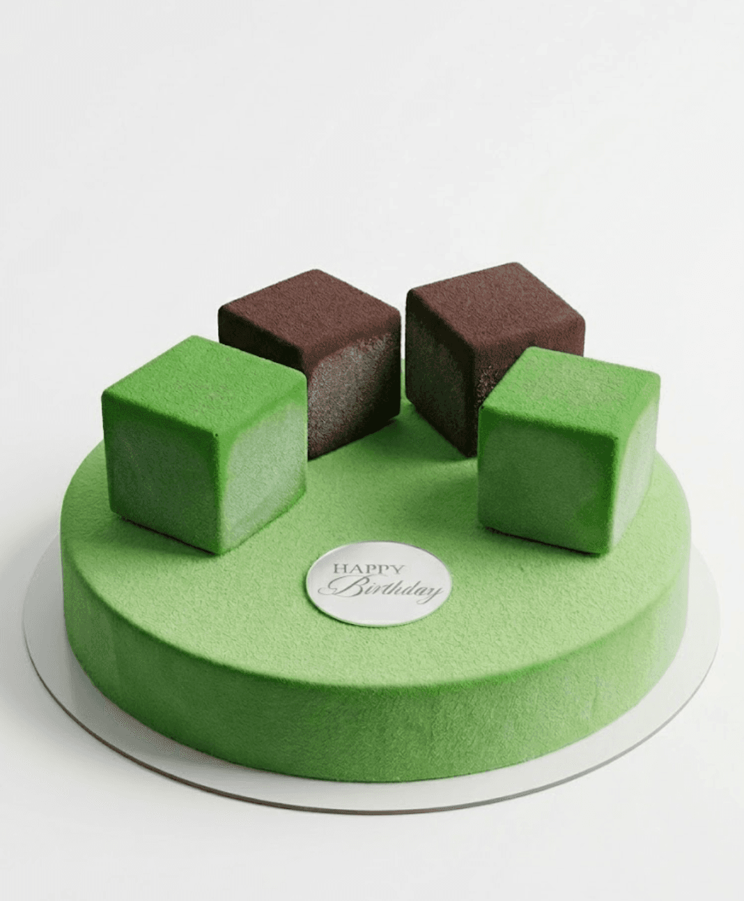 Pistachio bento cake with chocolate cubes — signature mousse dessert