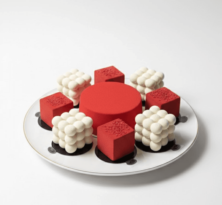 Red and white geometric mousse desserts — custom order